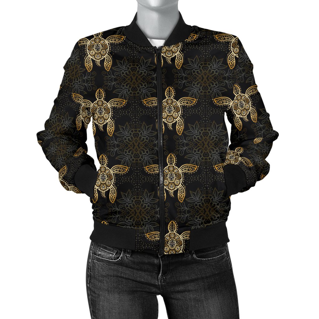 Gold Tribal Turtle Polynesian Design Women Casual Bomber Jacket