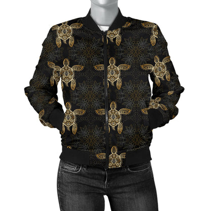 Gold Tribal Turtle Polynesian Design Women Casual Bomber Jacket