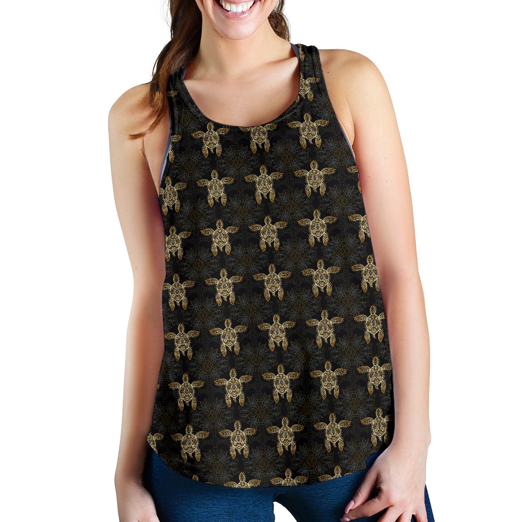 Gold Tribal Turtle Polynesian Design Women Racerback Tank Top