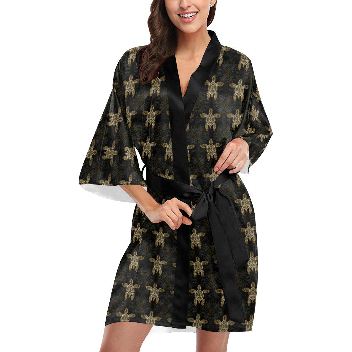 Gold Tribal Turtle Polynesian Design Women Short Kimono Robe