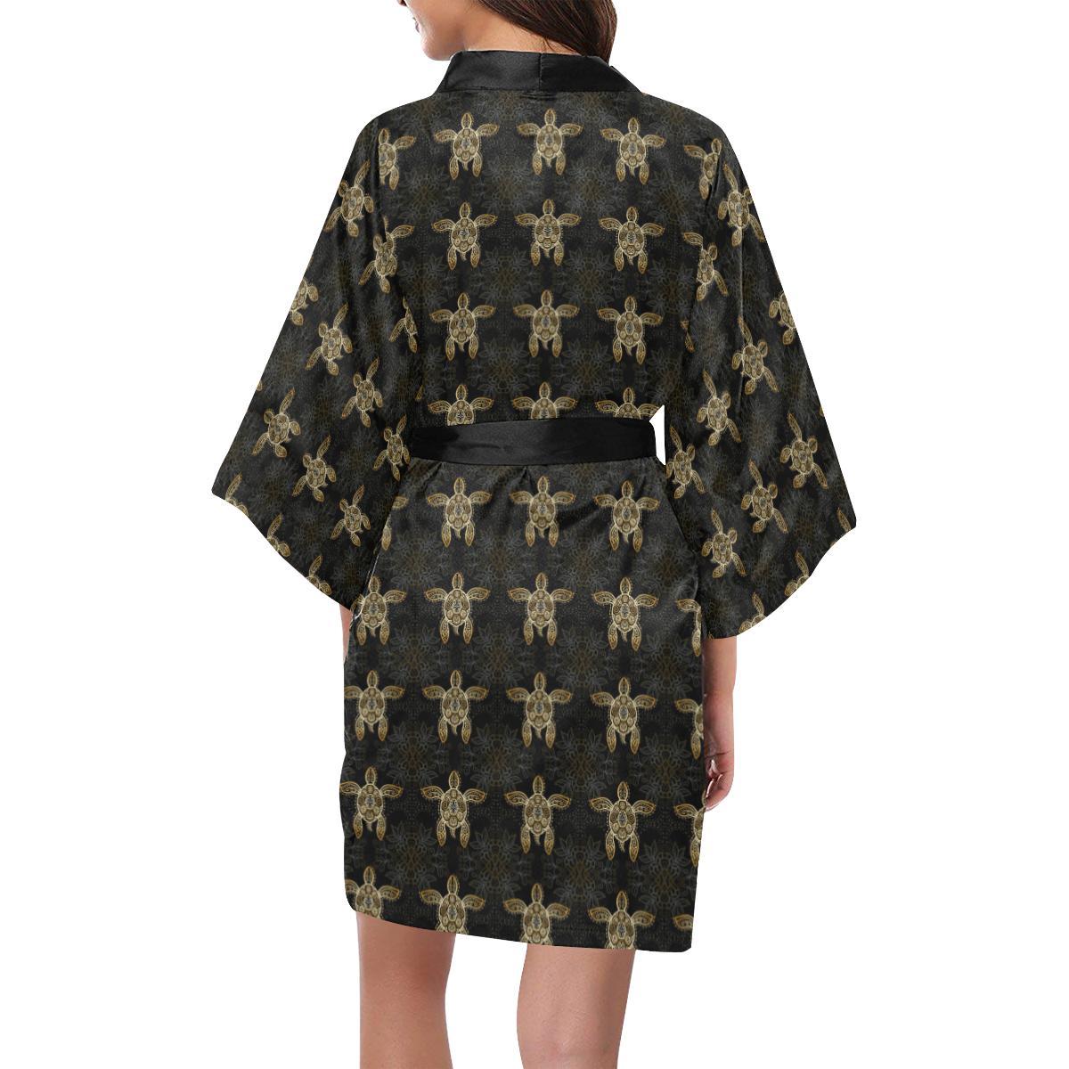 Gold Tribal Turtle Polynesian Design Women Short Kimono Robe
