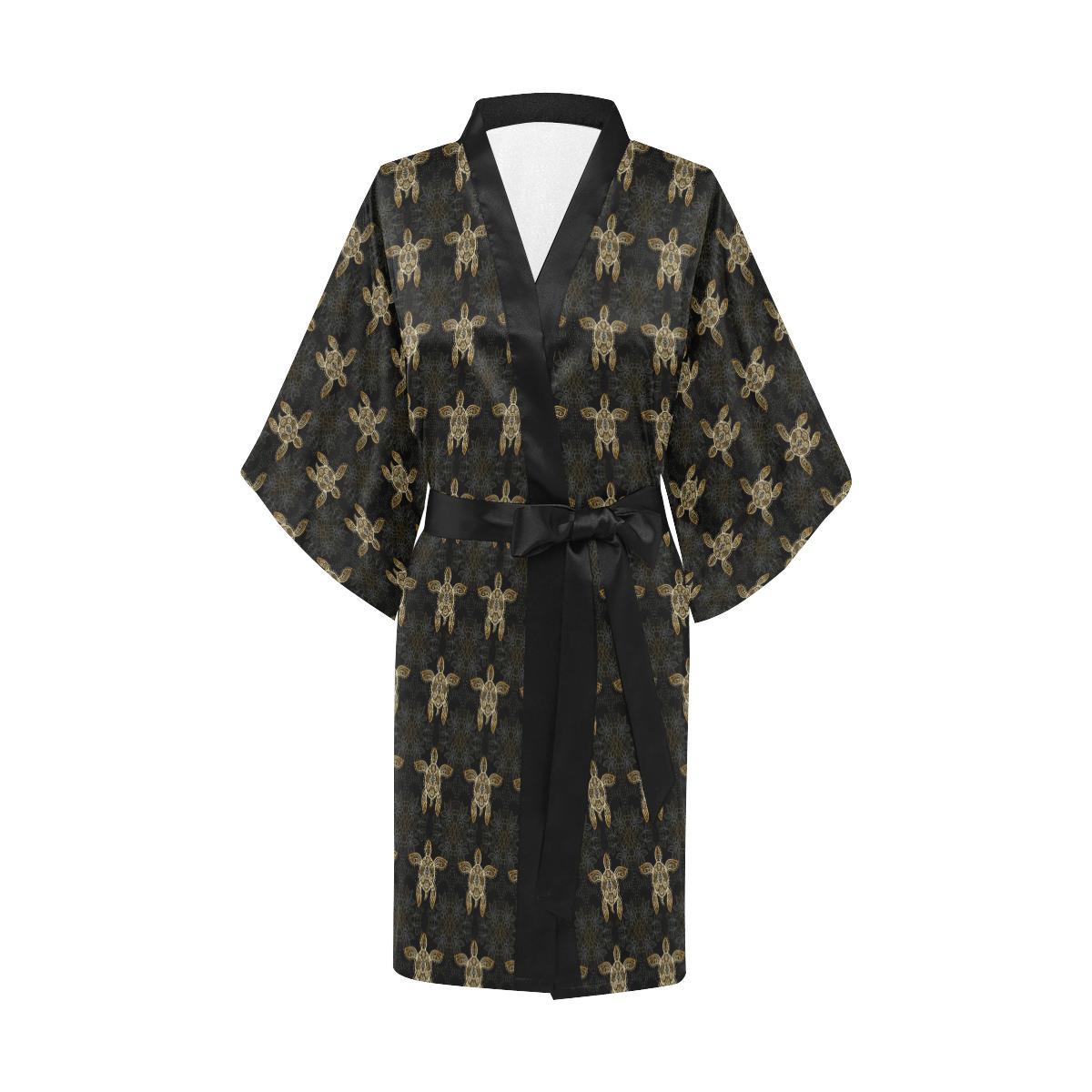 Gold Tribal Turtle Polynesian Design Women Short Kimono Robe