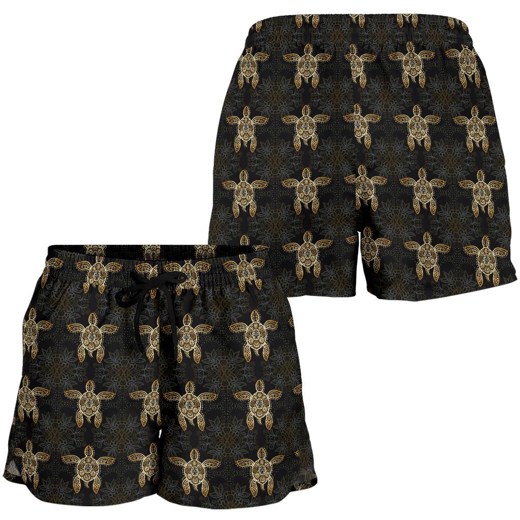 Gold Tribal Turtle Polynesian Design Women Shorts-JTAMIGO.COM