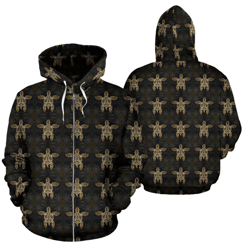 Gold Tribal Turtle Polynesian Design Zip Up Hoodie