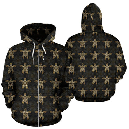 Gold Tribal Turtle Polynesian Design Zip Up Hoodie
