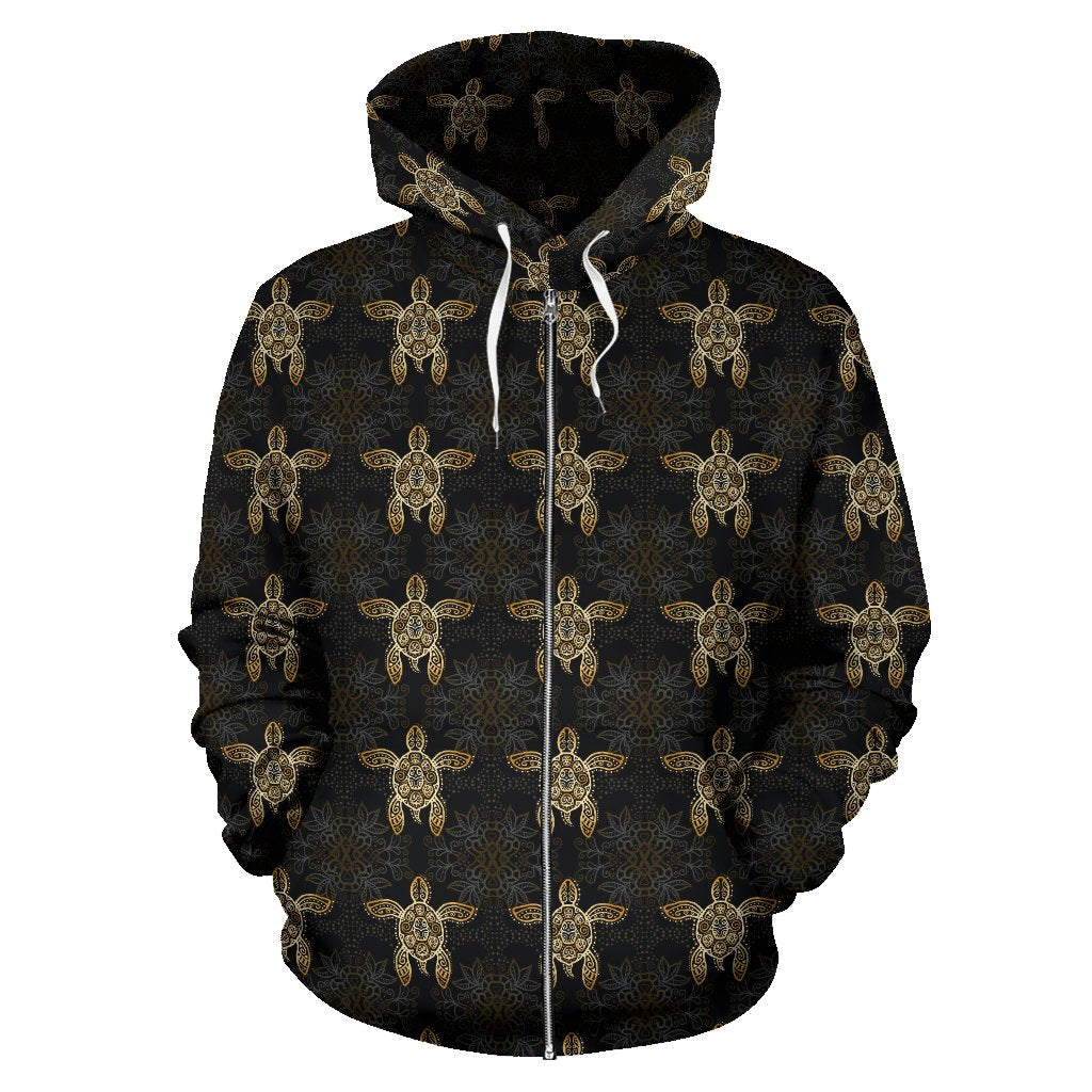 Gold Tribal Turtle Polynesian Design Zip Up Hoodie