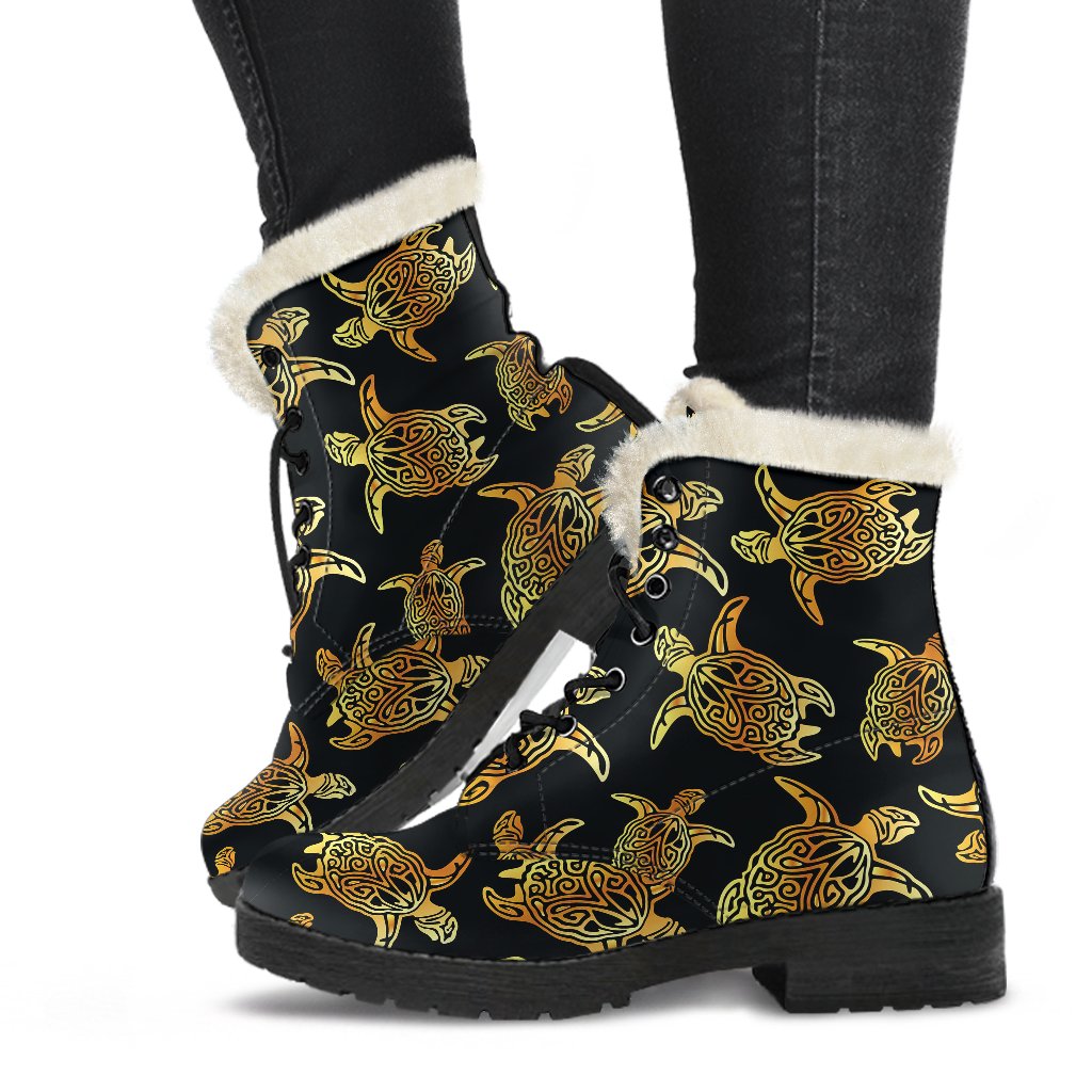 Gold Tribal Turtle Polynesian Themed Faux Fur Leather Boots-JTAMIGO.COM