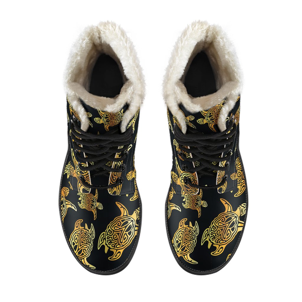Gold Tribal Turtle Polynesian Themed Faux Fur Leather Boots-JTAMIGO.COM