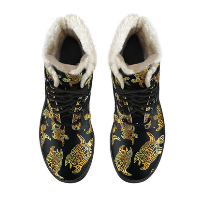 Gold Tribal Turtle Polynesian Themed Faux Fur Leather Boots-JTAMIGO.COM