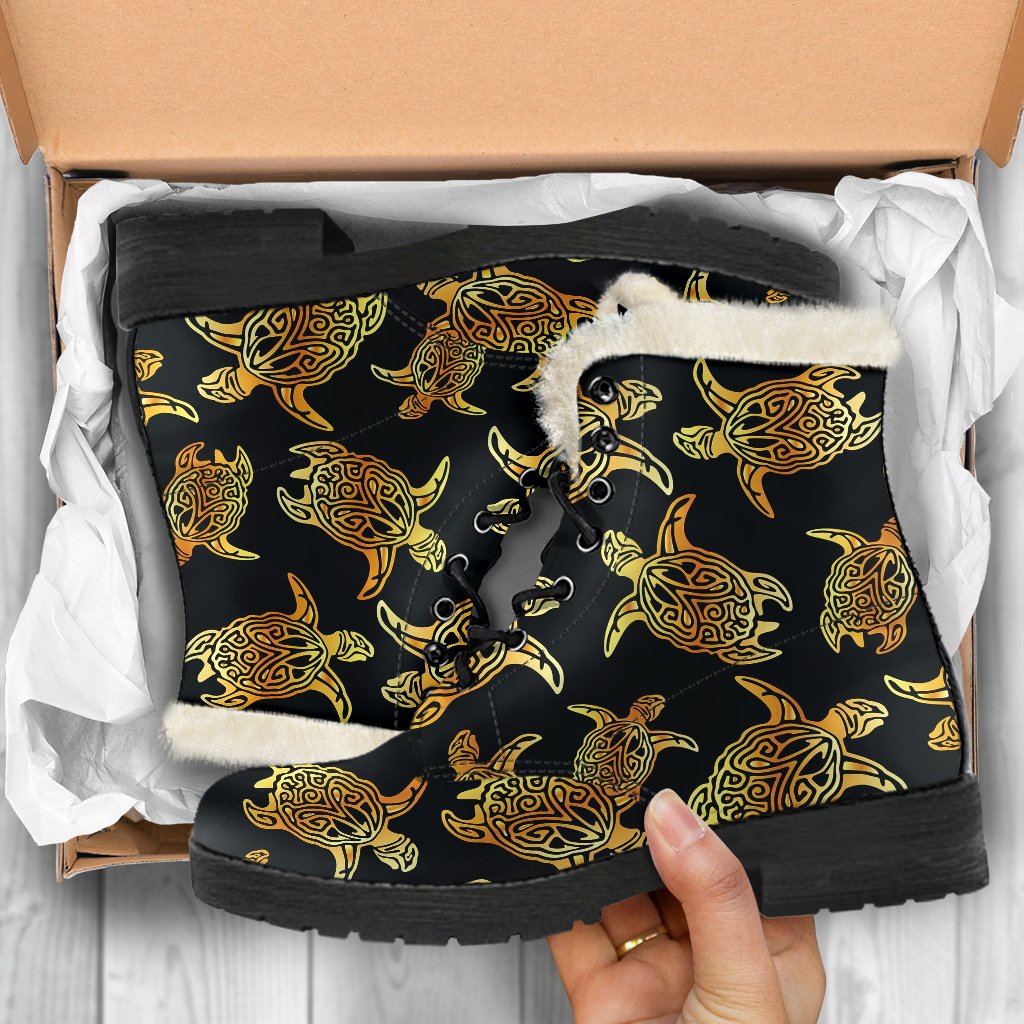 Gold Tribal Turtle Polynesian Themed Faux Fur Leather Boots-JTAMIGO.COM