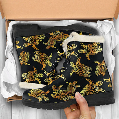 Gold Tribal Turtle Polynesian Themed Faux Fur Leather Boots-JTAMIGO.COM