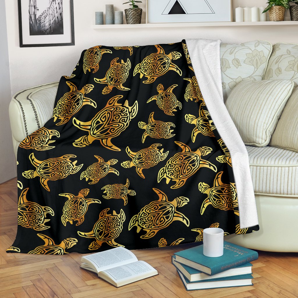 Gold Tribal Turtle Polynesian Themed Fleece Blanket