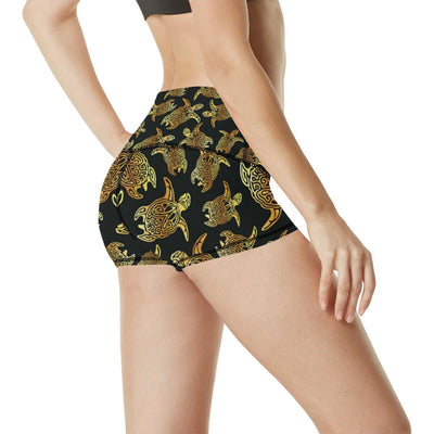 Gold Tribal Turtle Polynesian Themed High Waisted Spandex Shorts-JTAMIGO.COM