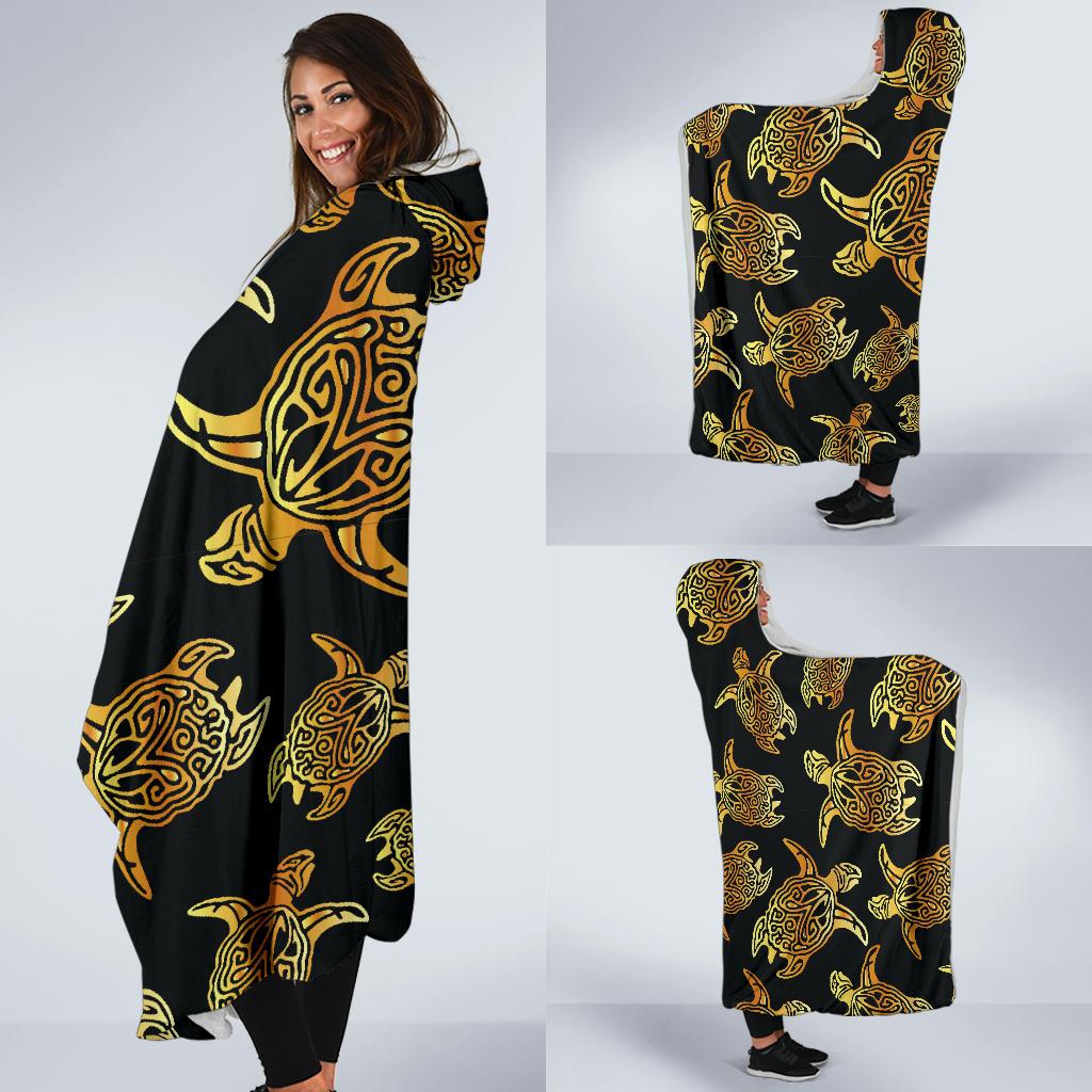 Gold Tribal Turtle Polynesian Themed Hooded Blanket-JTAMIGO.COM