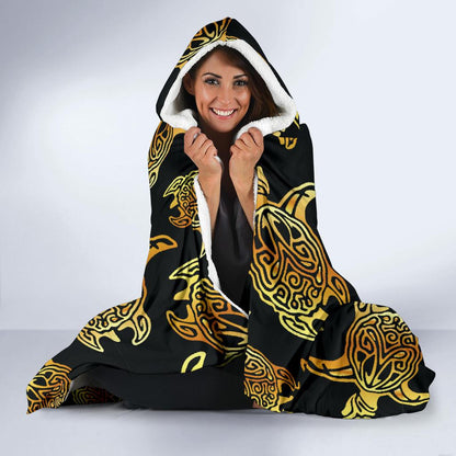 Gold Tribal Turtle Polynesian Themed Hooded Blanket-JTAMIGO.COM