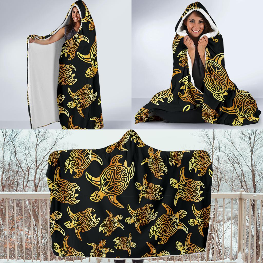 Gold Tribal Turtle Polynesian Themed Hooded Blanket-JTAMIGO.COM