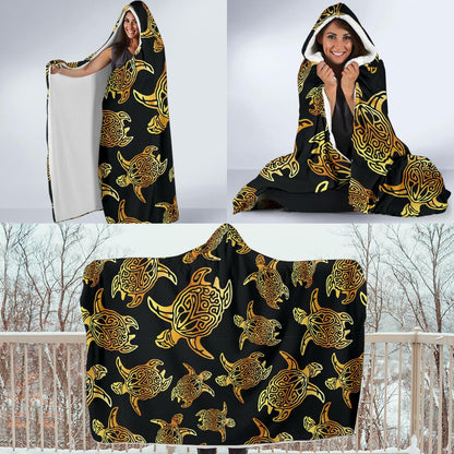 Gold Tribal Turtle Polynesian Themed Hooded Blanket-JTAMIGO.COM