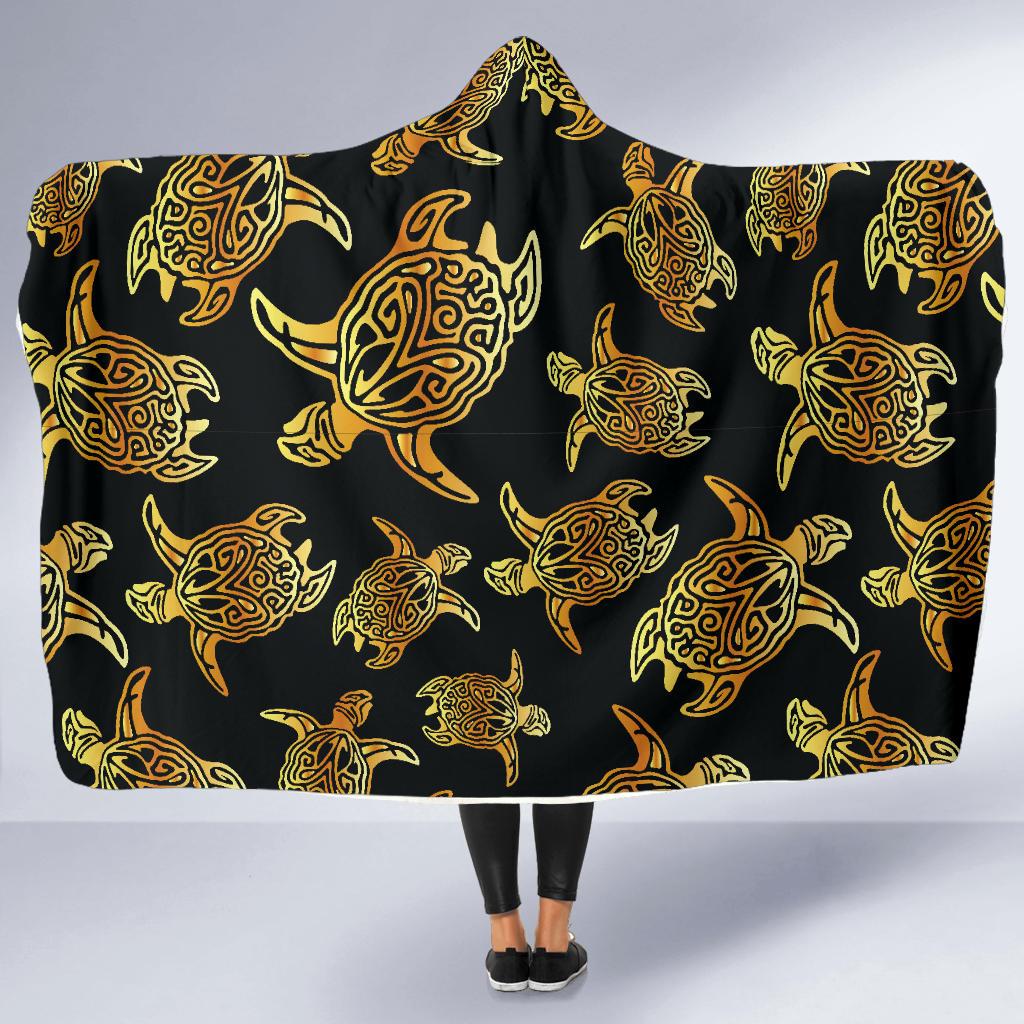 Gold Tribal Turtle Polynesian Themed Hooded Blanket-JTAMIGO.COM