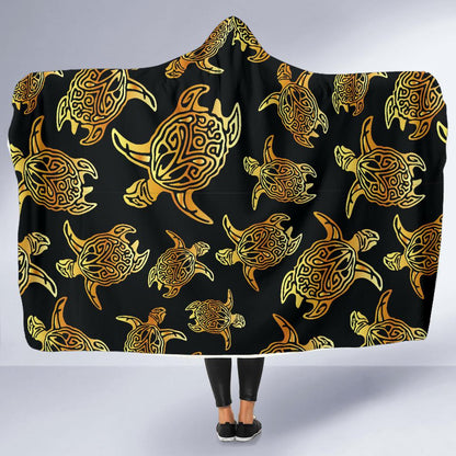 Gold Tribal Turtle Polynesian Themed Hooded Blanket-JTAMIGO.COM