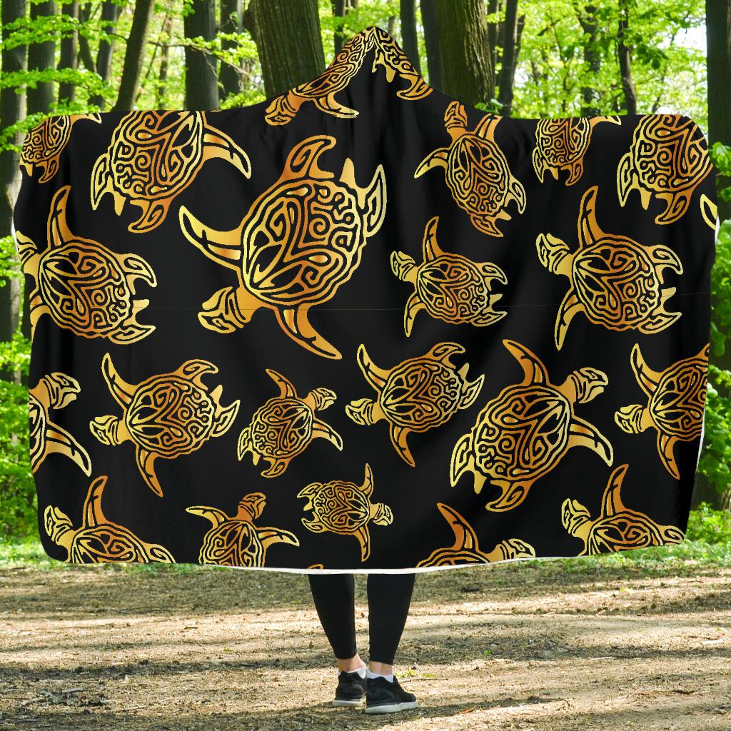 Gold Tribal Turtle Polynesian Themed Hooded Blanket-JTAMIGO.COM