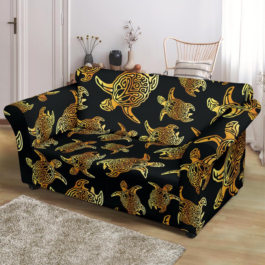 Gold Tribal Turtle Polynesian Themed Loveseat Slipcover-JTAMIGO.COM