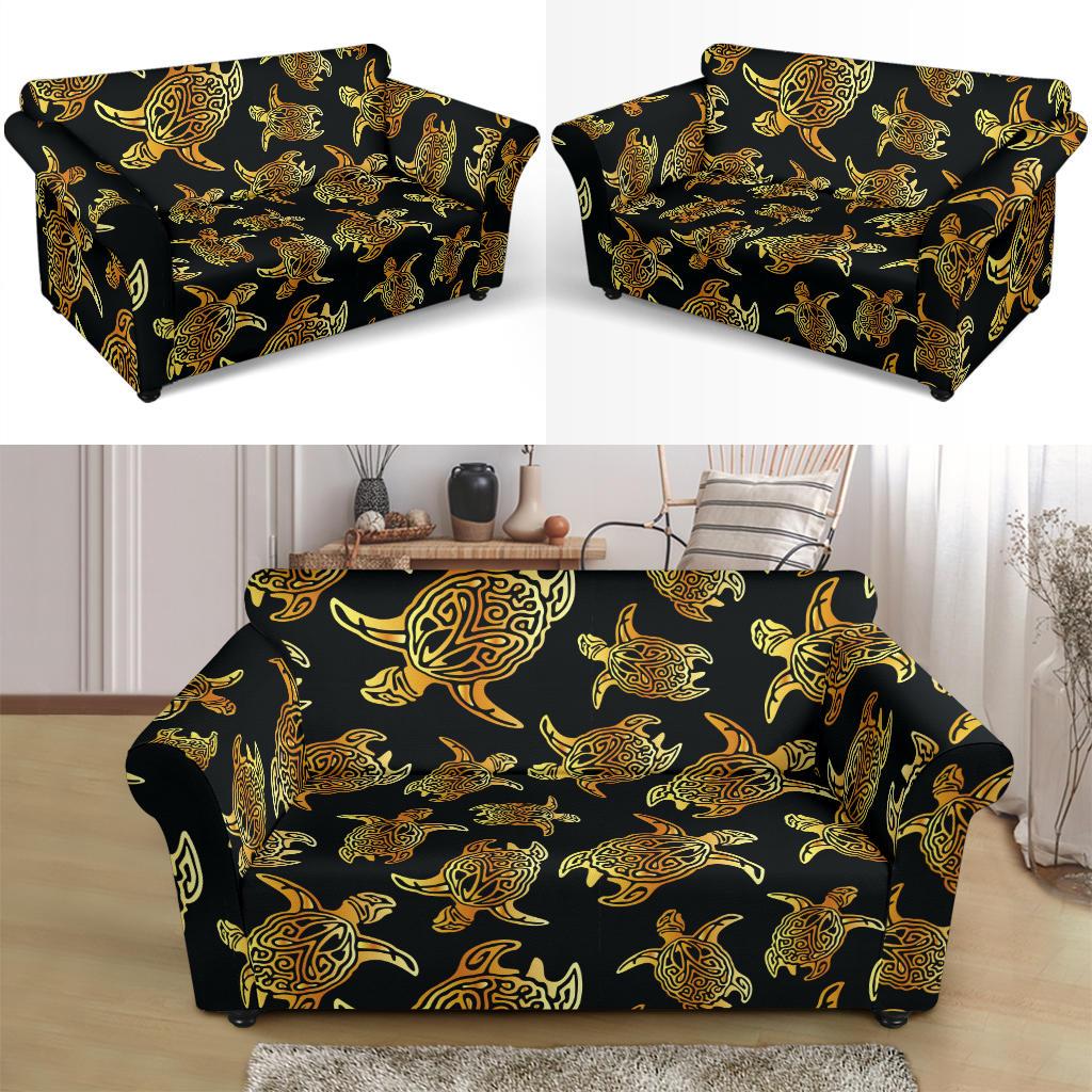 Gold Tribal Turtle Polynesian Themed Loveseat Slipcover-JTAMIGO.COM