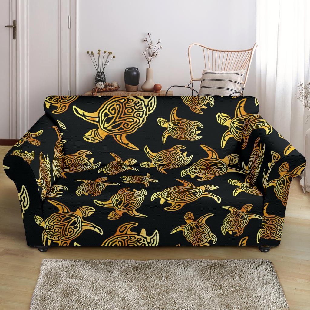 Gold Tribal Turtle Polynesian Themed Loveseat Slipcover-JTAMIGO.COM