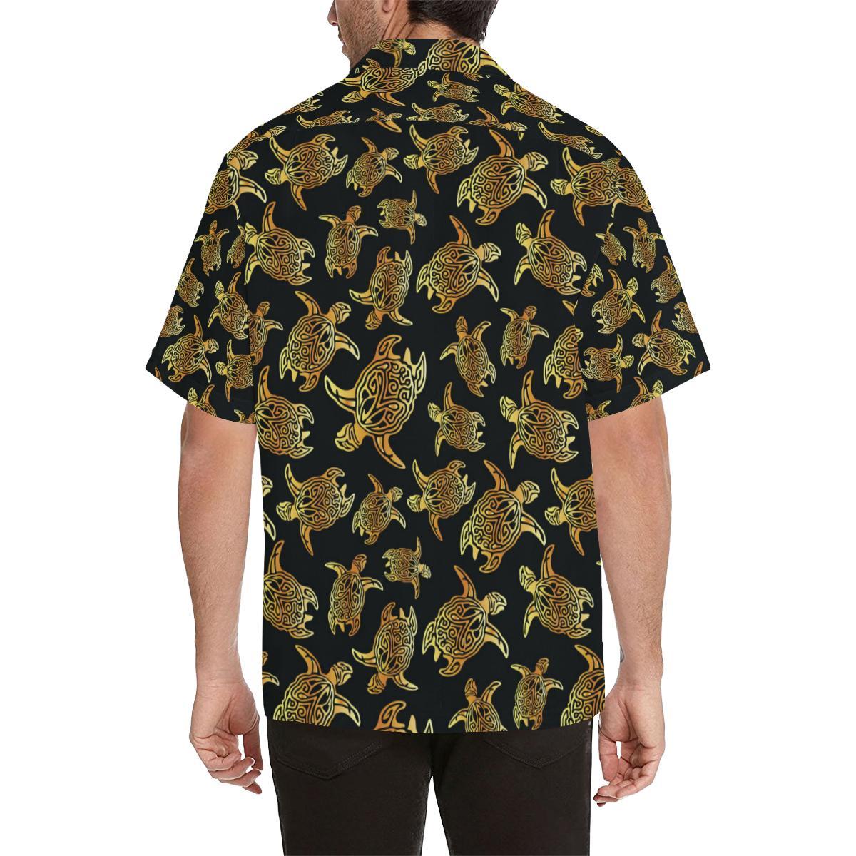 Gold Tribal Turtle Polynesian Themed Men Aloha Hawaiian Shirt