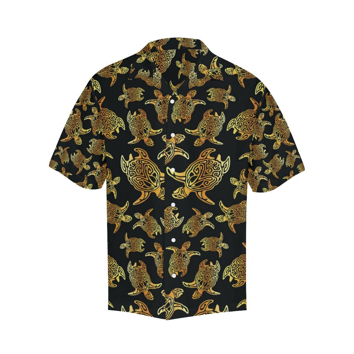 Gold Tribal Turtle Polynesian Themed Men Aloha Hawaiian Shirt