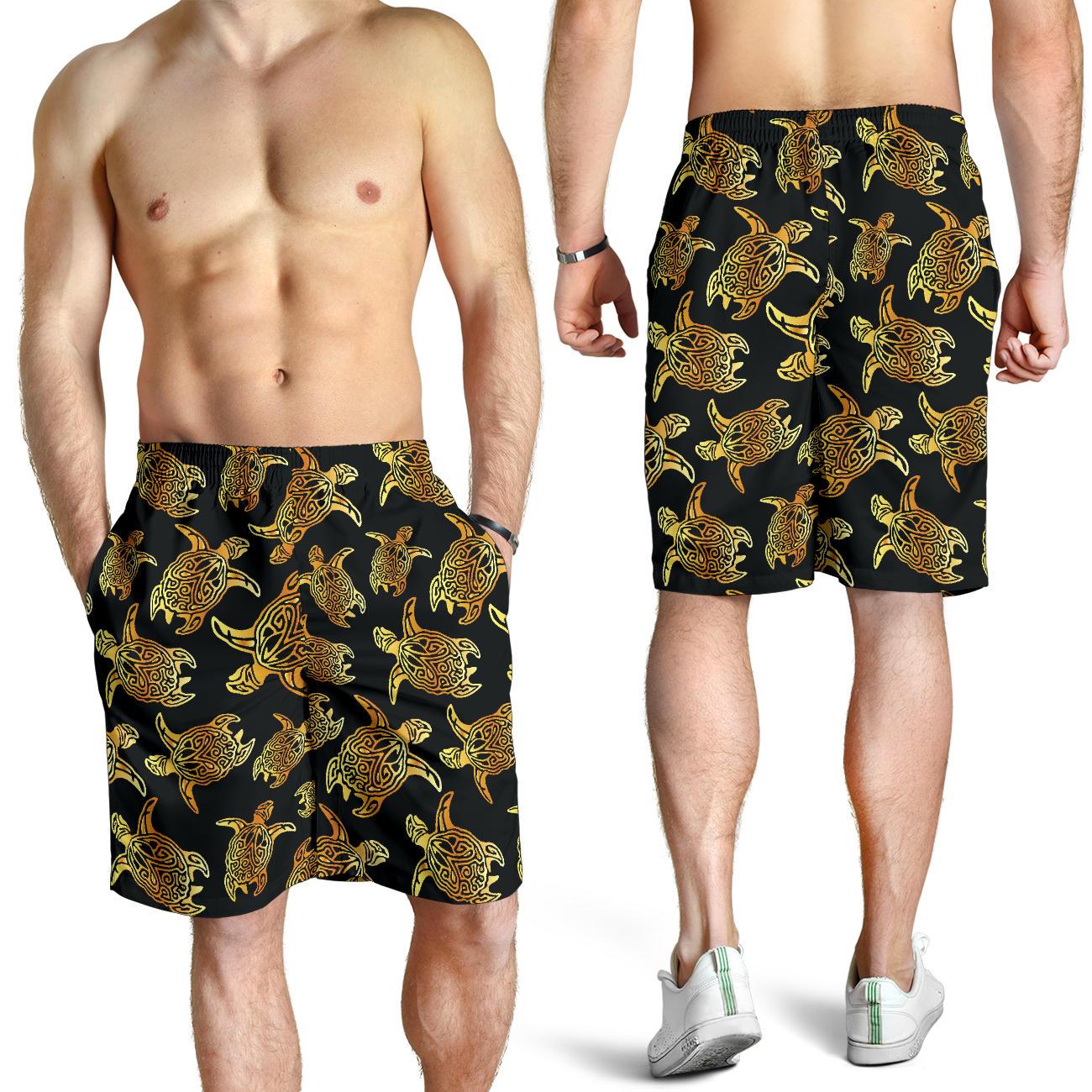 Gold Tribal Turtle Polynesian Themed Mens Shorts-JTAMIGO.COM
