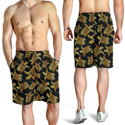 Gold Tribal Turtle Polynesian Themed Mens Shorts-JTAMIGO.COM
