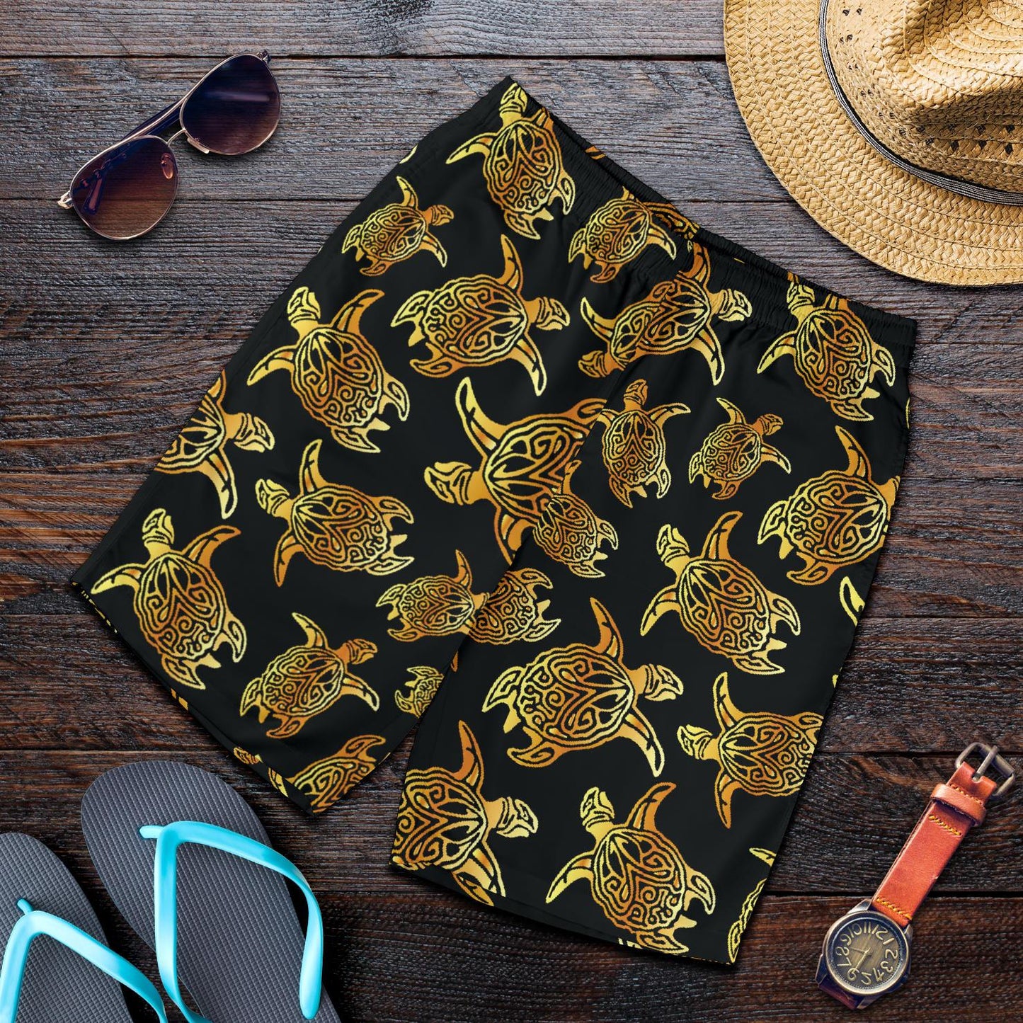 Gold Tribal Turtle Polynesian Themed Mens Shorts-JTAMIGO.COM
