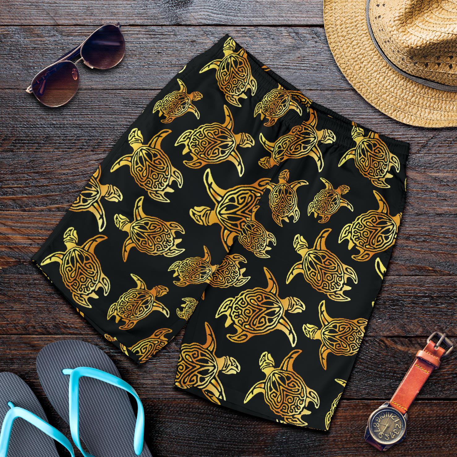 Gold Tribal Turtle Polynesian Themed Mens Shorts-JTAMIGO.COM