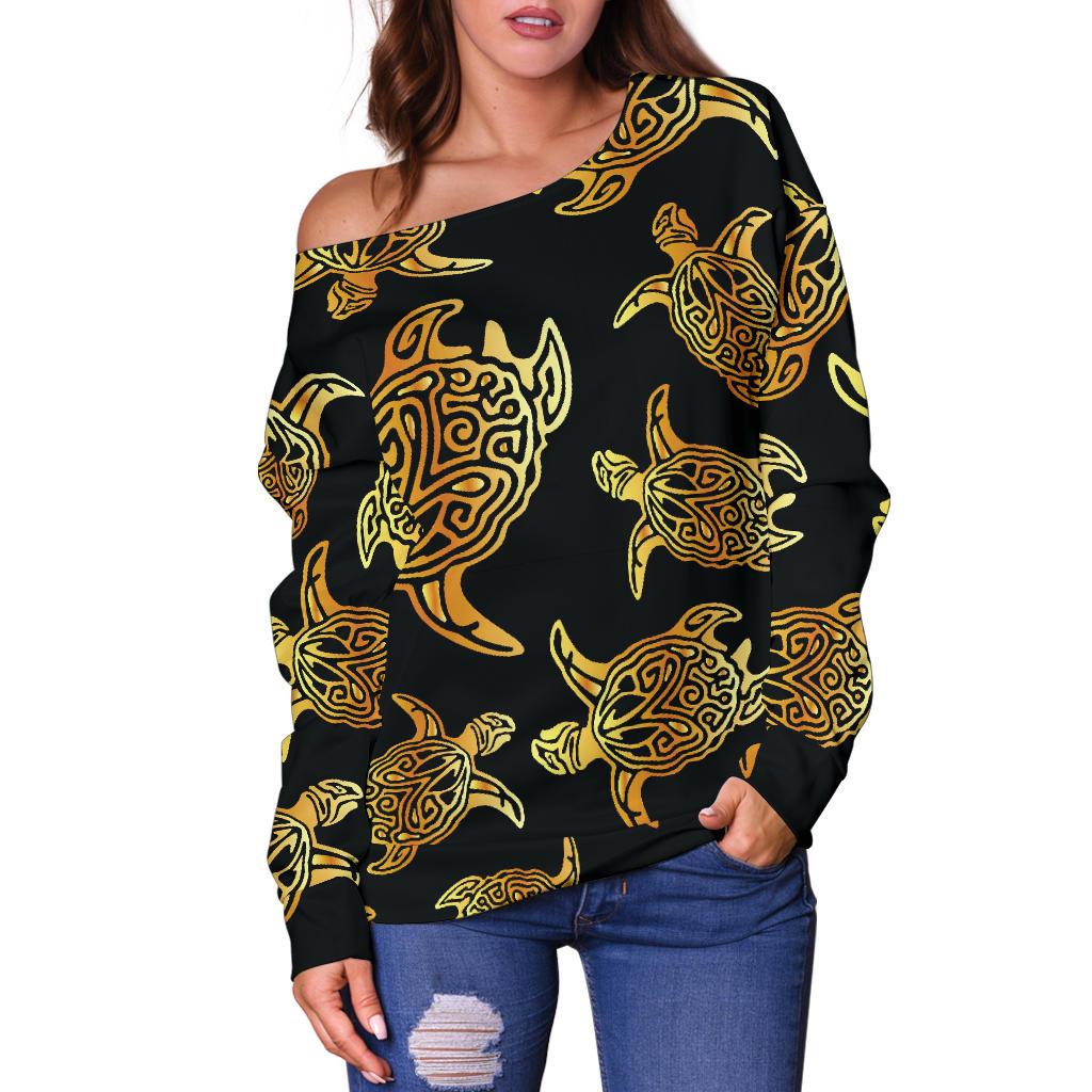 Gold Tribal Turtle Polynesian Themed Off Shoulder Sweatshirt
