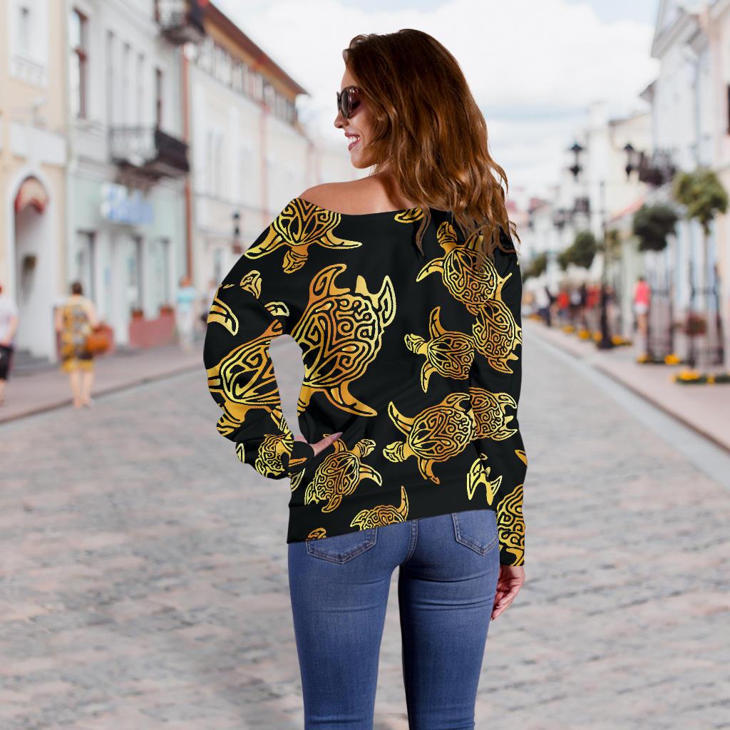 Gold Tribal Turtle Polynesian Themed Off Shoulder Sweatshirt