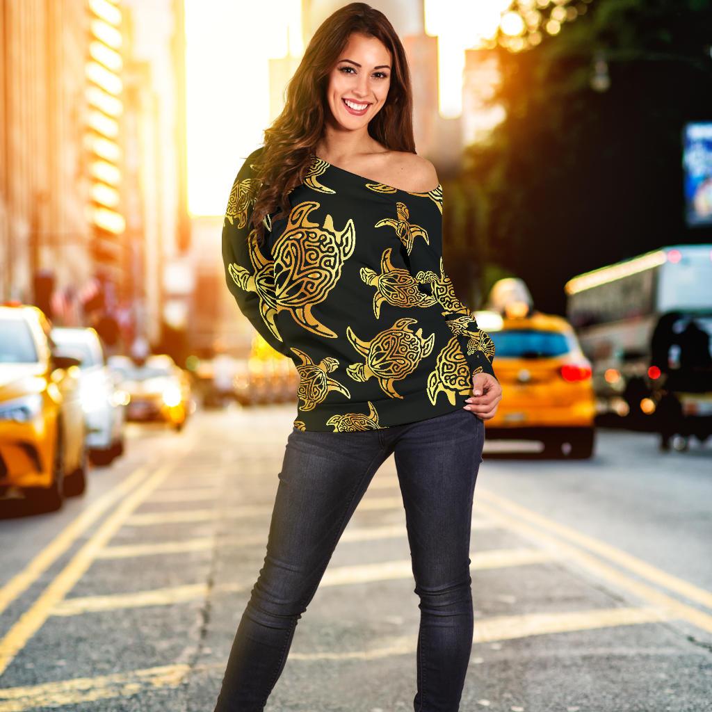 Gold Tribal Turtle Polynesian Themed Off Shoulder Sweatshirt