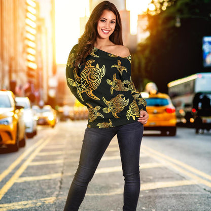 Gold Tribal Turtle Polynesian Themed Off Shoulder Sweatshirt