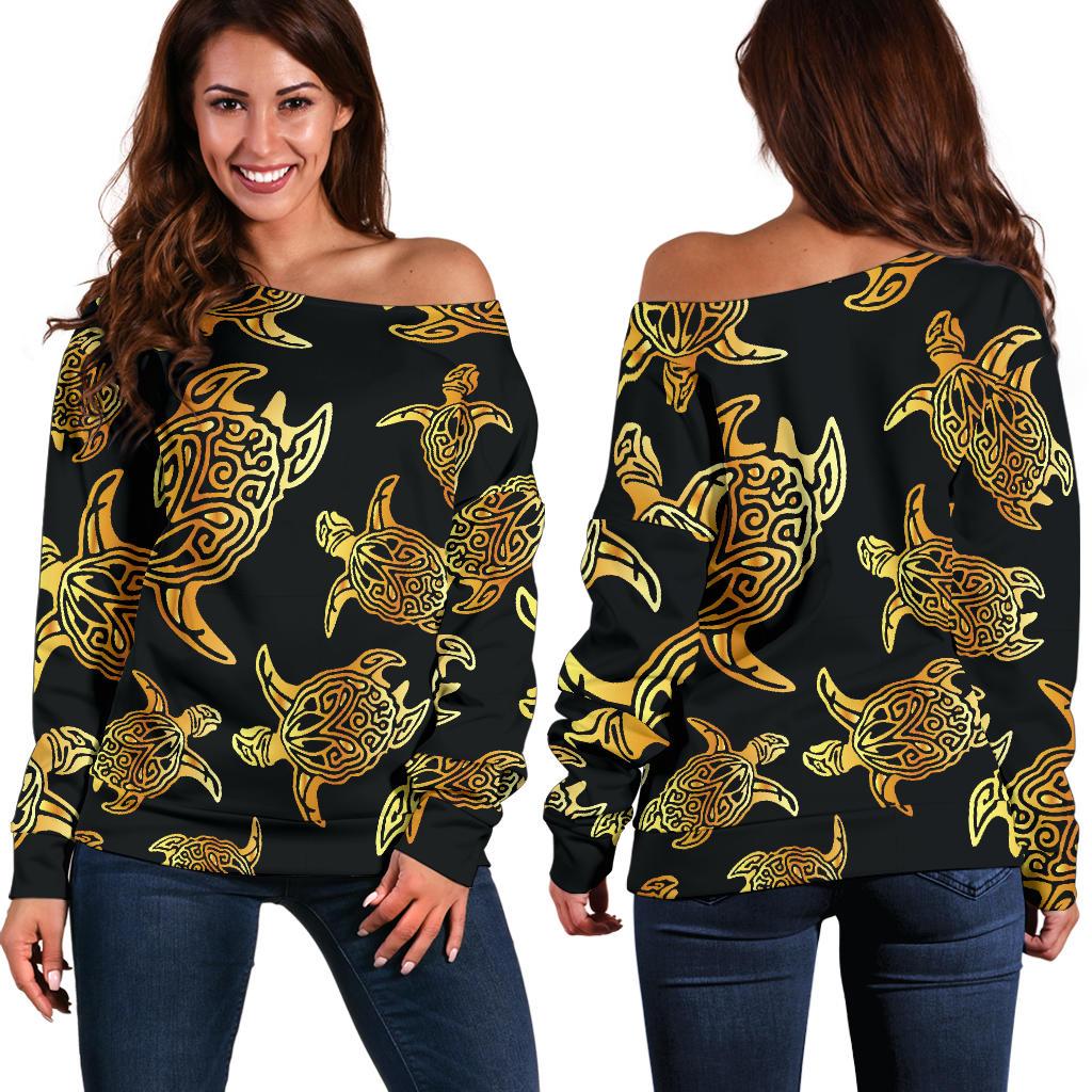 Gold Tribal Turtle Polynesian Themed Off Shoulder Sweatshirt