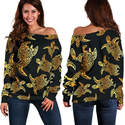 Gold Tribal Turtle Polynesian Themed Off Shoulder Sweatshirt