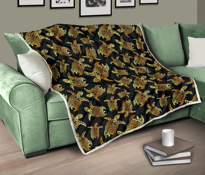 Gold Tribal Turtle Polynesian Themed Premium Quilt-JTAMIGO.COM