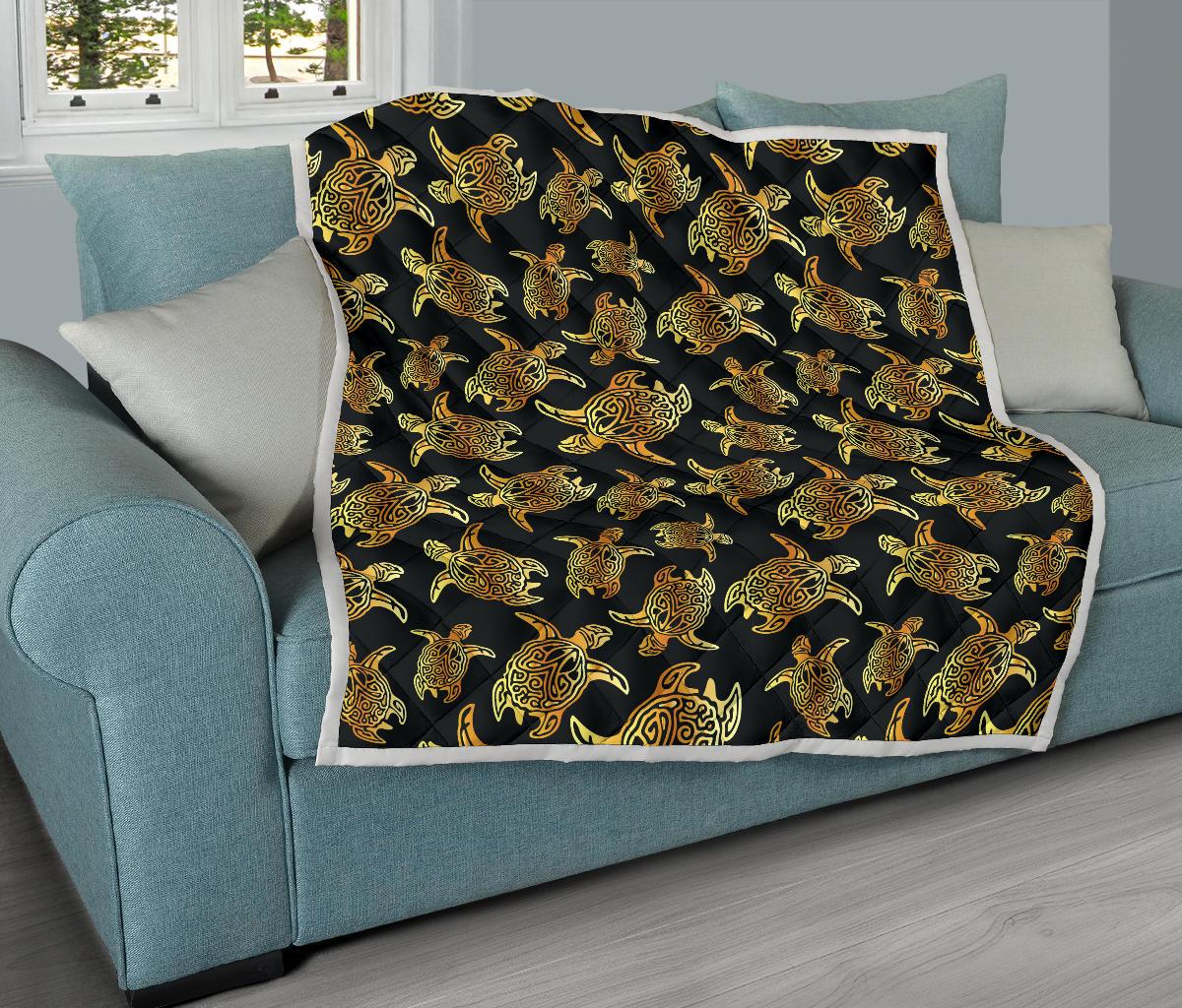 Gold Tribal Turtle Polynesian Themed Premium Quilt-JTAMIGO.COM