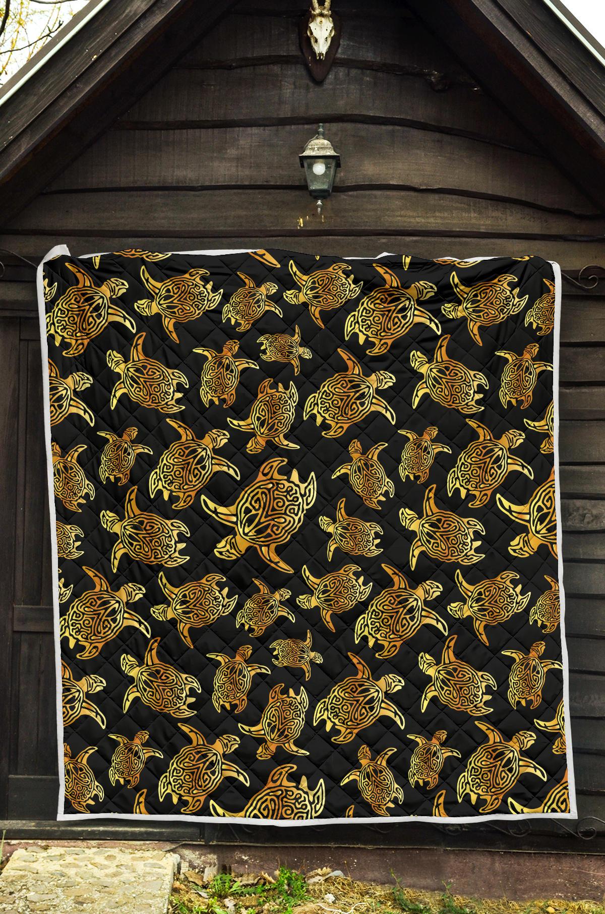Gold Tribal Turtle Polynesian Themed Premium Quilt-JTAMIGO.COM