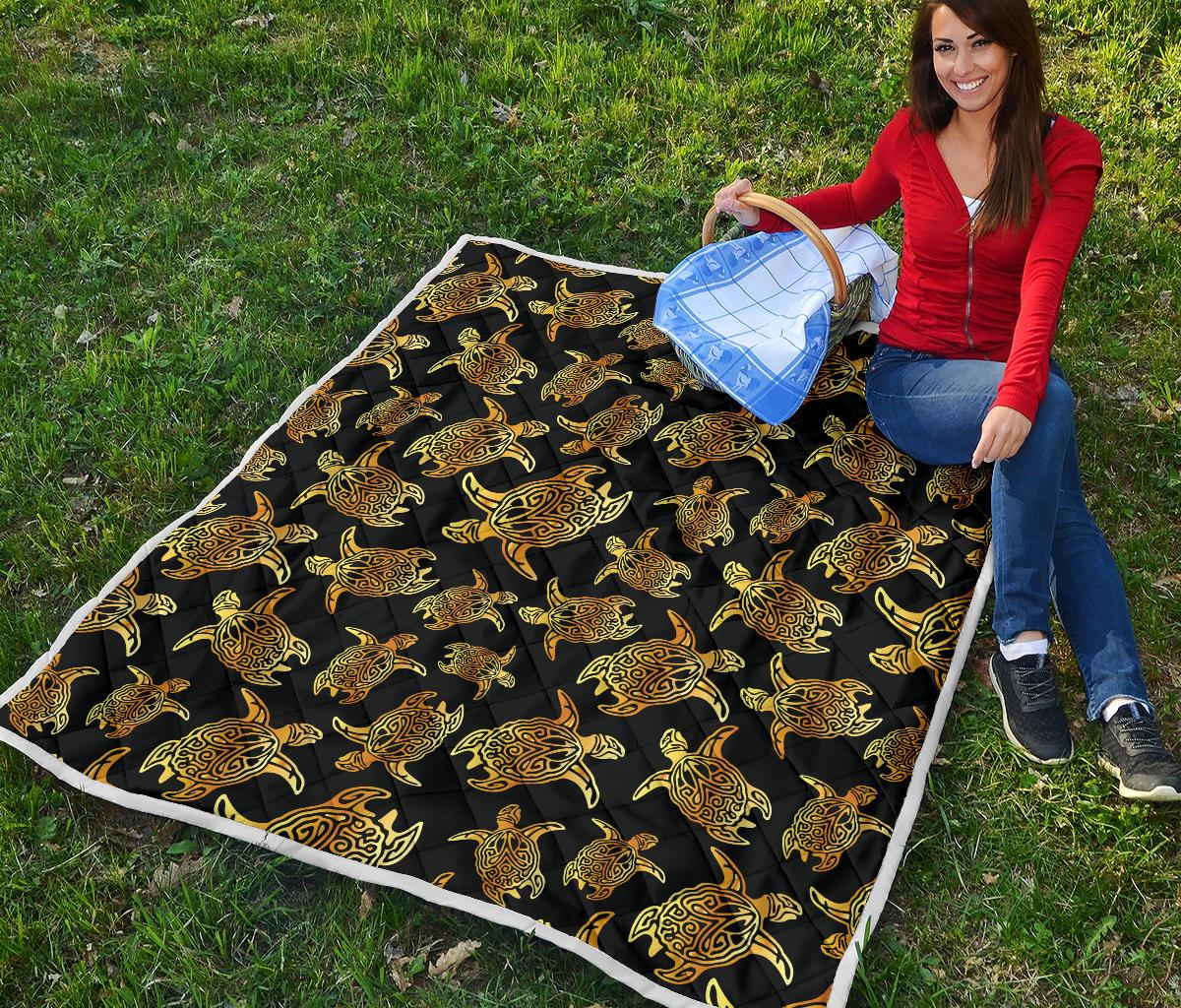 Gold Tribal Turtle Polynesian Themed Premium Quilt-JTAMIGO.COM