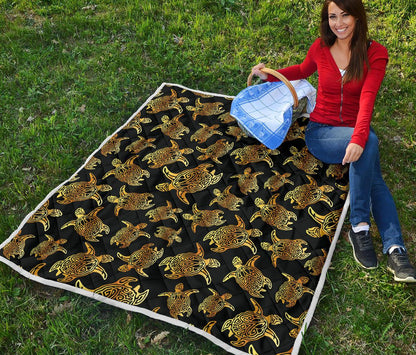 Gold Tribal Turtle Polynesian Themed Premium Quilt-JTAMIGO.COM