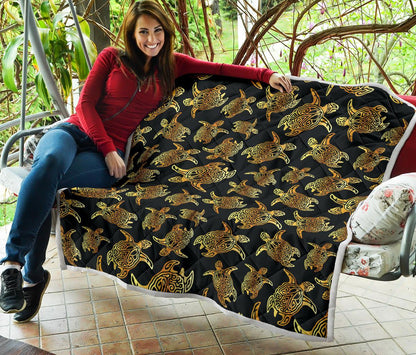 Gold Tribal Turtle Polynesian Themed Premium Quilt-JTAMIGO.COM