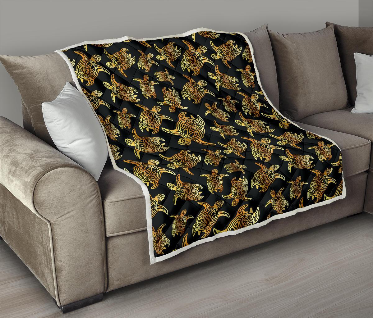 Gold Tribal Turtle Polynesian Themed Premium Quilt-JTAMIGO.COM