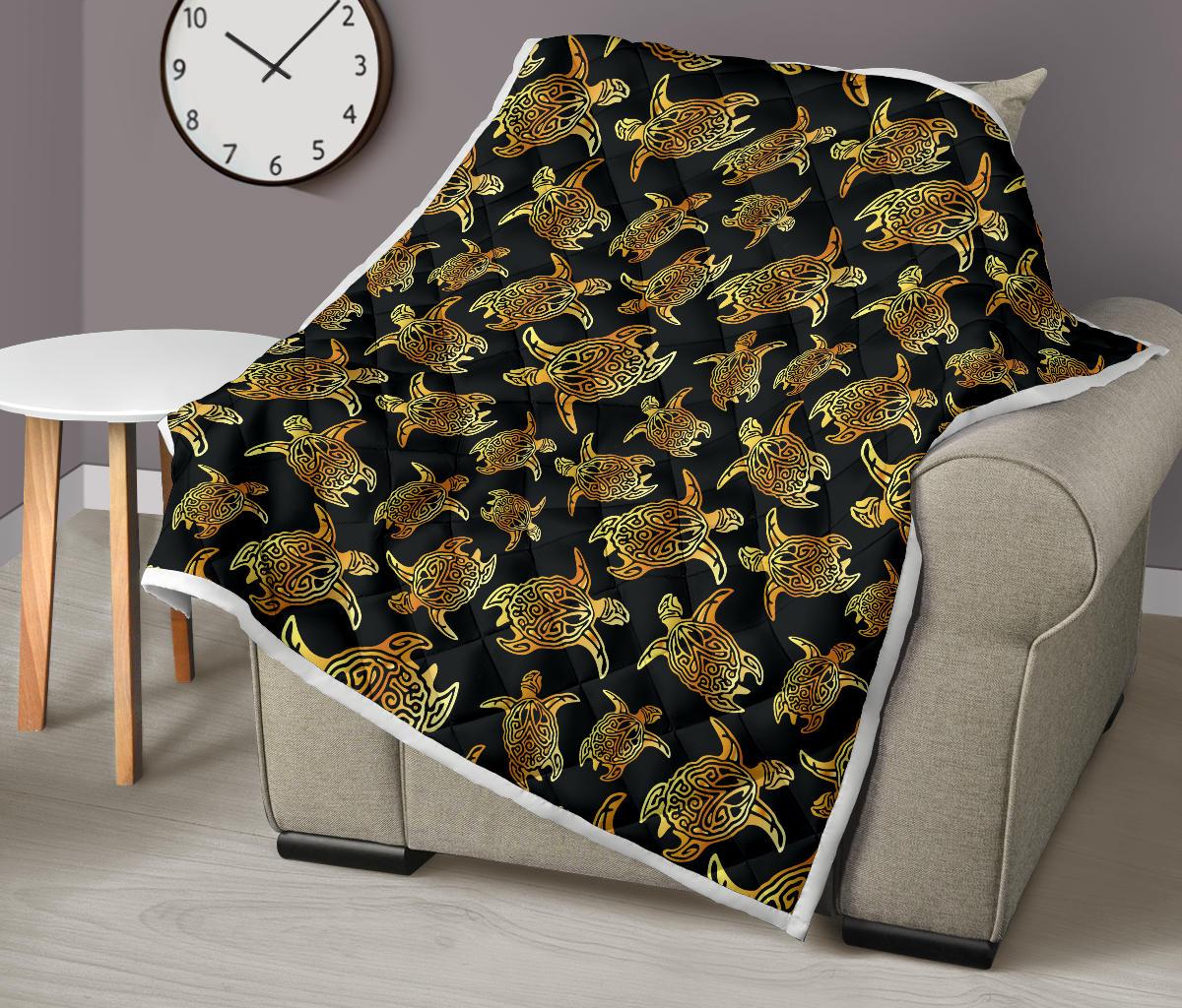 Gold Tribal Turtle Polynesian Themed Premium Quilt-JTAMIGO.COM