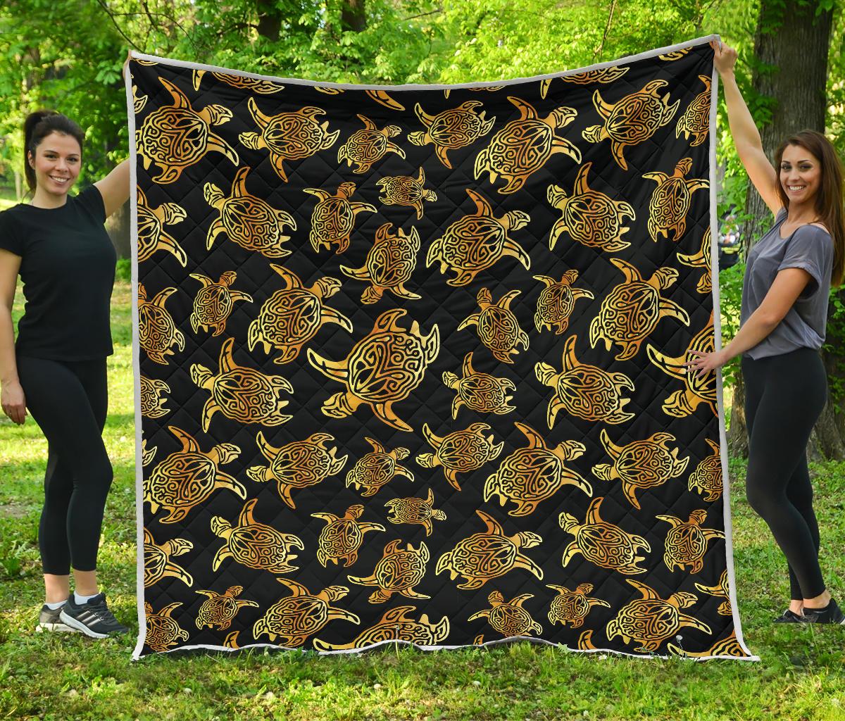 Gold Tribal Turtle Polynesian Themed Premium Quilt-JTAMIGO.COM