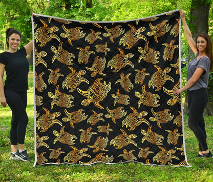 Gold Tribal Turtle Polynesian Themed Premium Quilt-JTAMIGO.COM