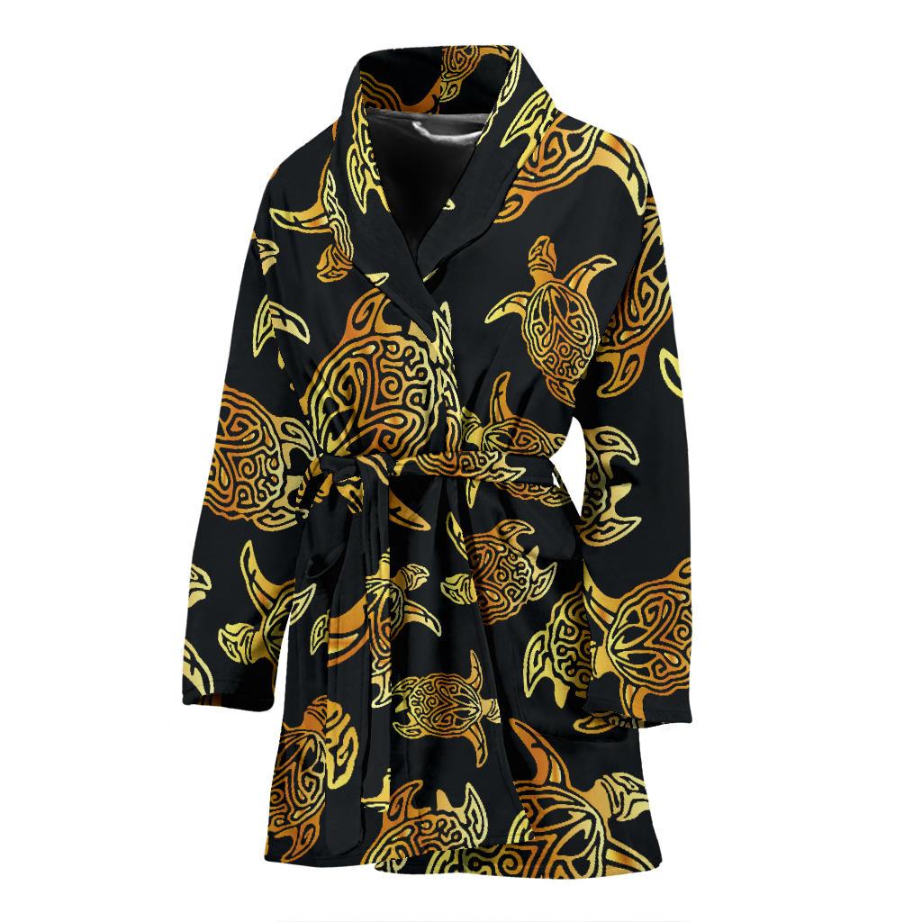 Gold Tribal Turtle Polynesian Themed Women Bath Robe-JTAMIGO.COM